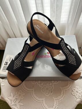 Ros Hommerson Black Studded Elastic Slingback Sandals Size 9N